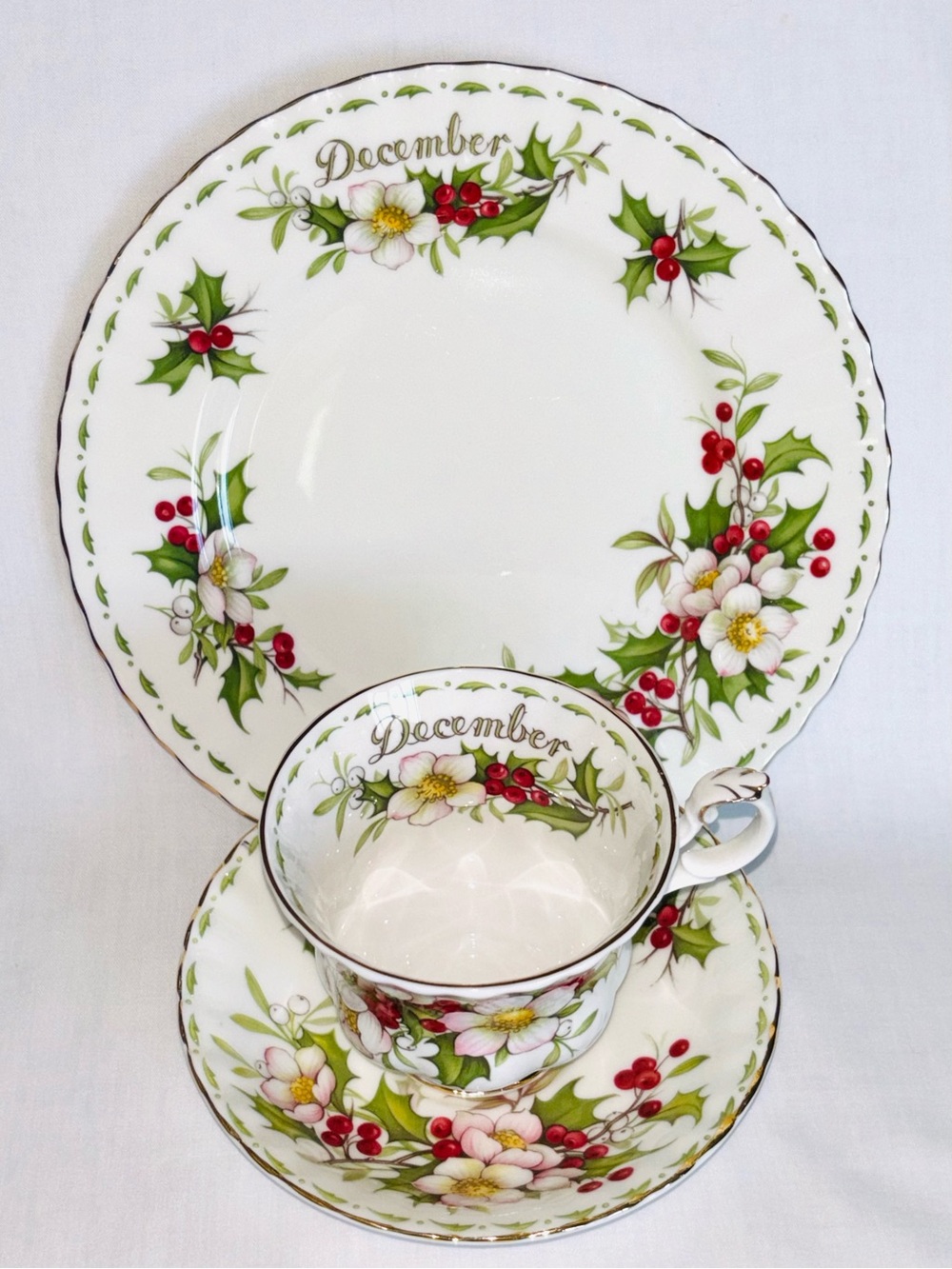 Vintage Royal Albert December Trio Cup Saucer 8” Plate Christmas Rose Set of 3